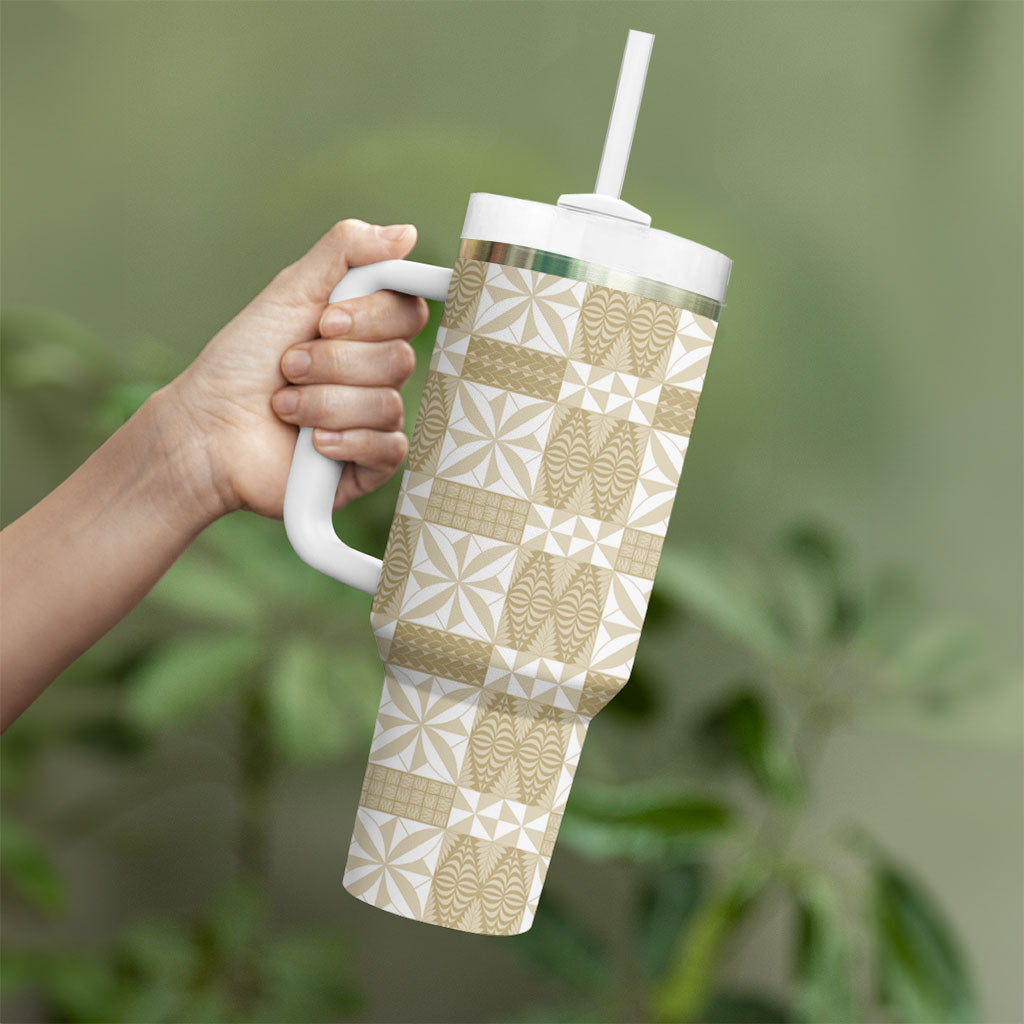 Beige Ngatu Pattern Malo e Lelei Tonga Tumbler With Handle LT14 - Polynesian Pride