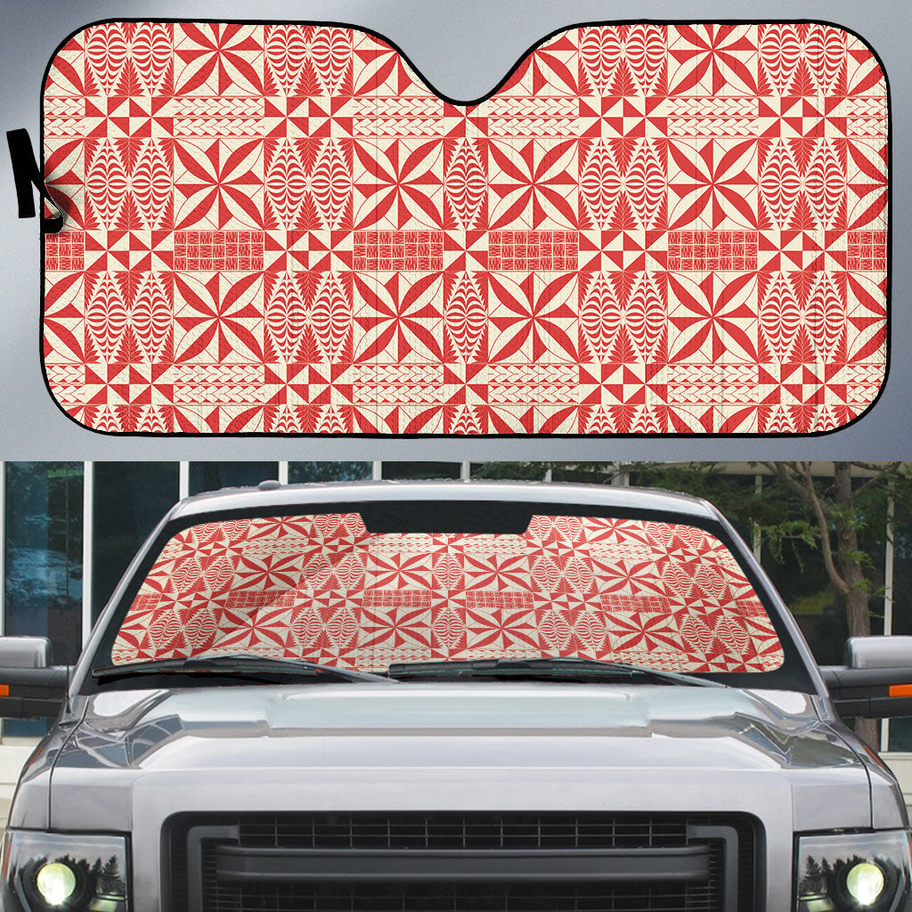 Red Ngatu Pattern Malo e Lelei Tonga Auto Sun Shade LT14 Red - Polynesian Pride