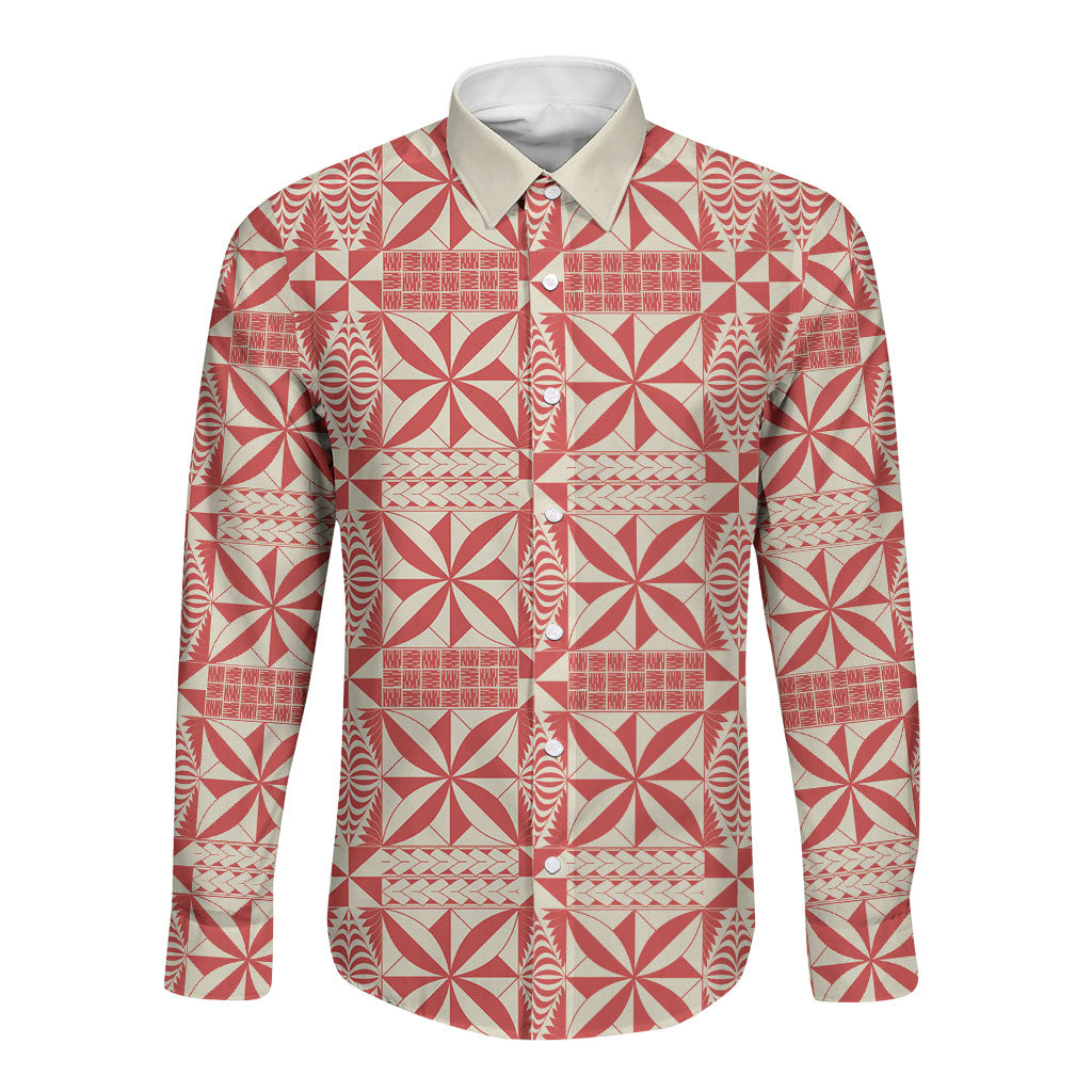 Red Ngatu Pattern Malo e Lelei Tonga Long Sleeve Button Shirt