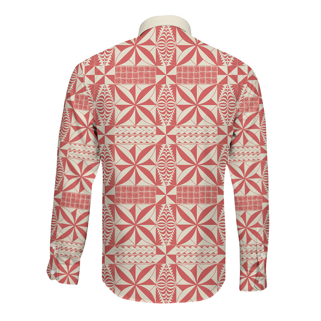 Red Ngatu Pattern Malo e Lelei Tonga Long Sleeve Button Shirt LT14 - Polynesian Pride