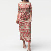 Red Ngatu Pattern Malo e Lelei Tonga Puletasi LT14 Long Dress Red - Polynesian Pride