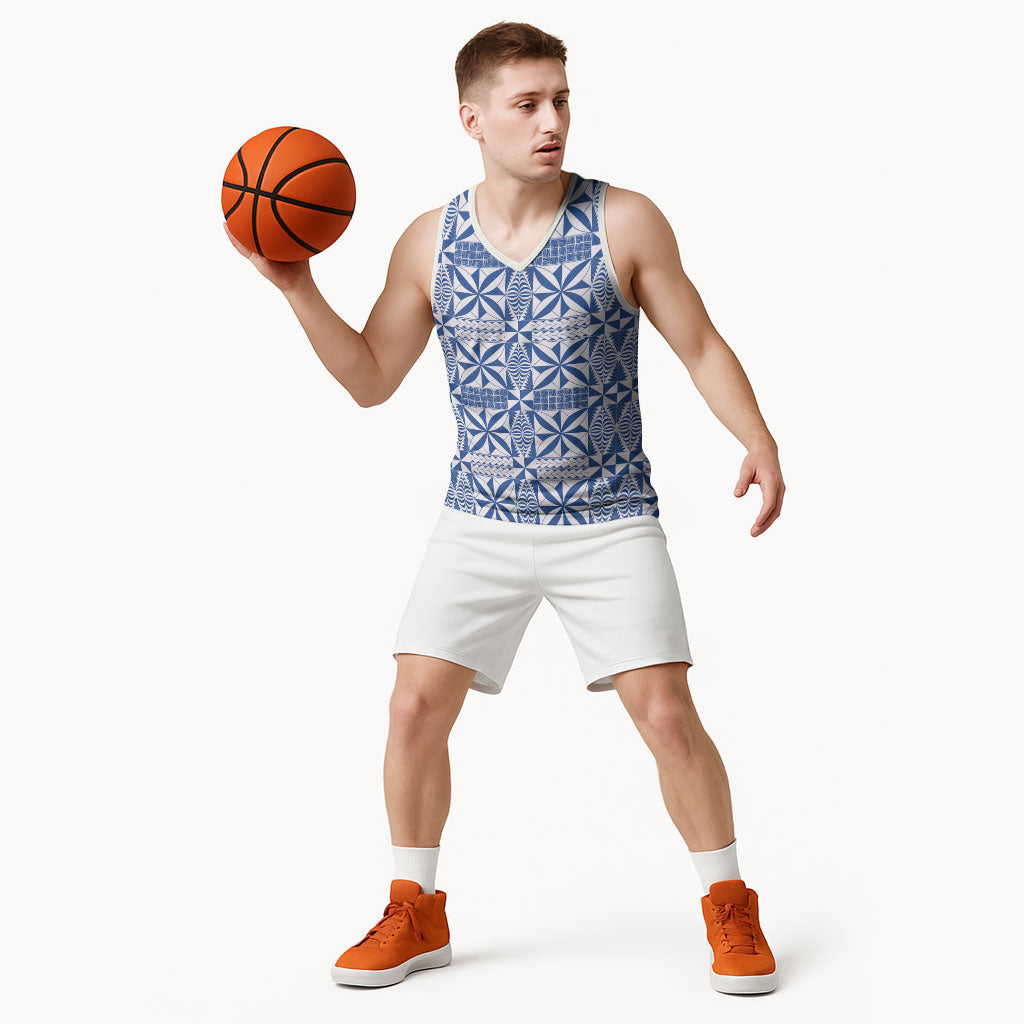 Blue Ngatu Pattern Malo e Lelei Tonga Basketball Jersey LT14 - Polynesian Pride