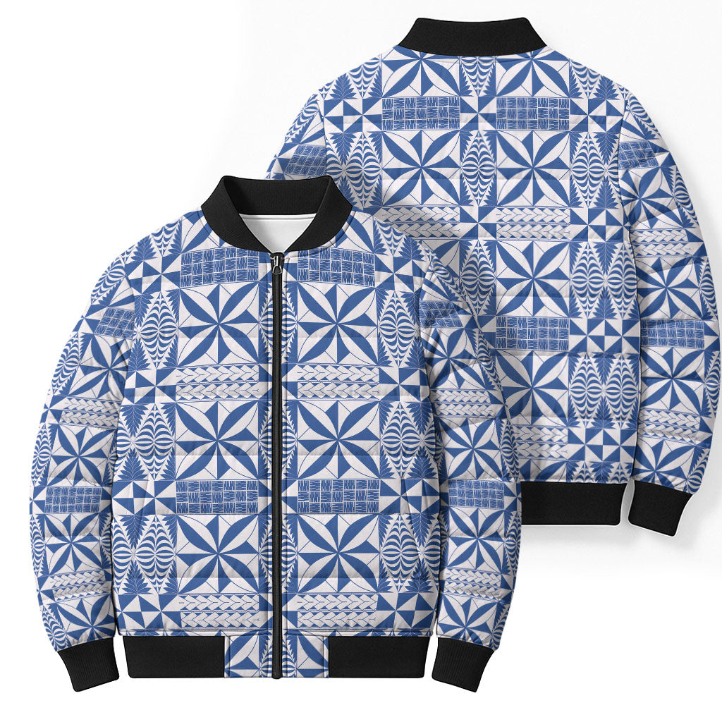 Blue Ngatu Pattern Malo e Lelei Tonga Bomber Puffer Jacket LT14 - Polynesian Pride