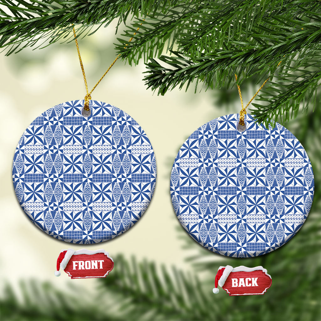 Blue Ngatu Pattern Malo e Lelei Tonga Ceramic Ornament LT14 Circle Blue - Polynesian Pride