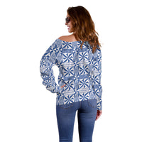 Blue Ngatu Pattern Malo e Lelei Tonga Off Shoulder Sweater LT14 - Polynesian Pride