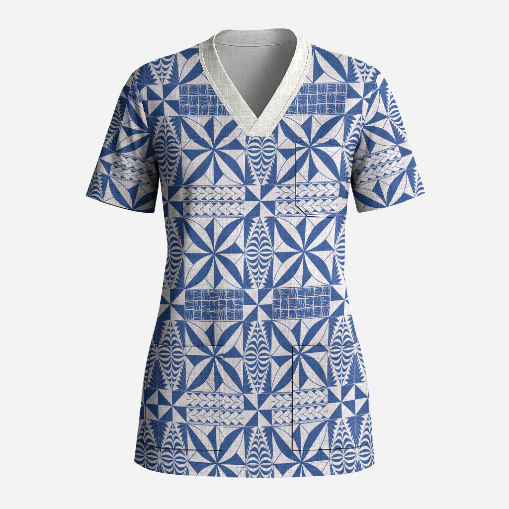 Blue Ngatu Pattern Malo e Lelei Tonga Scrub Top LT14 Adult Blue - Polynesian Pride