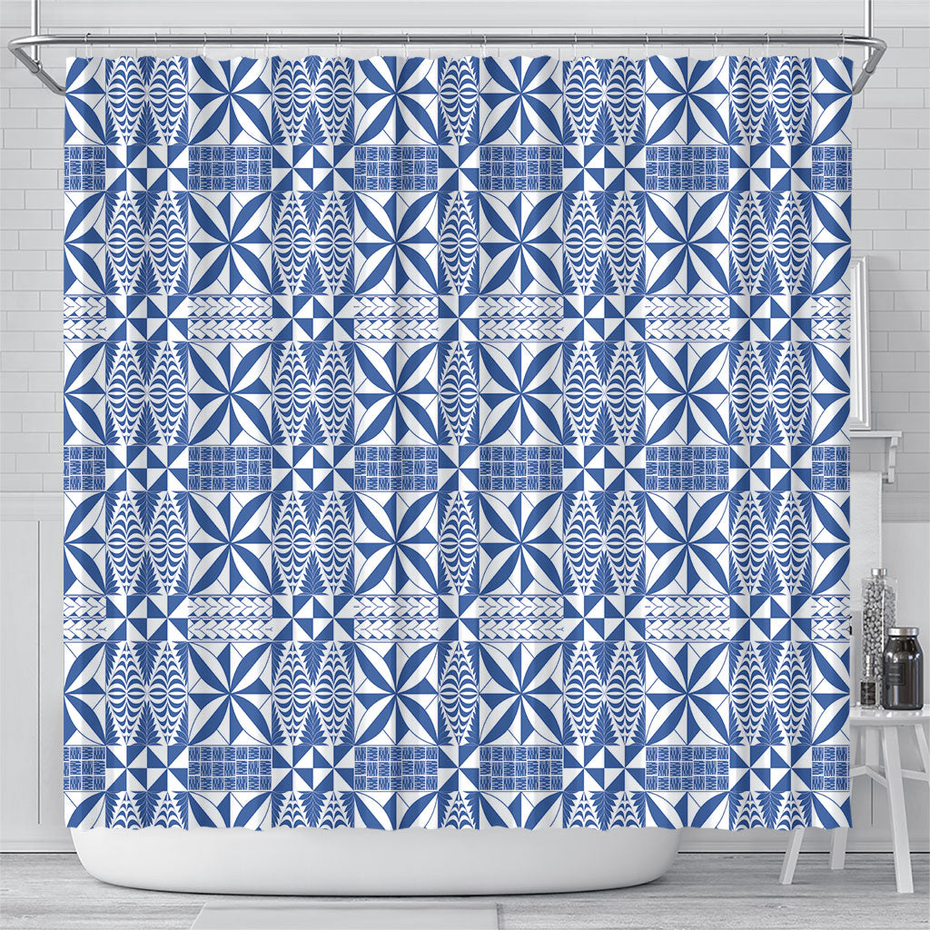Blue Ngatu Pattern Malo e Lelei Tonga Shower Curtain LT14 - Polynesian Pride