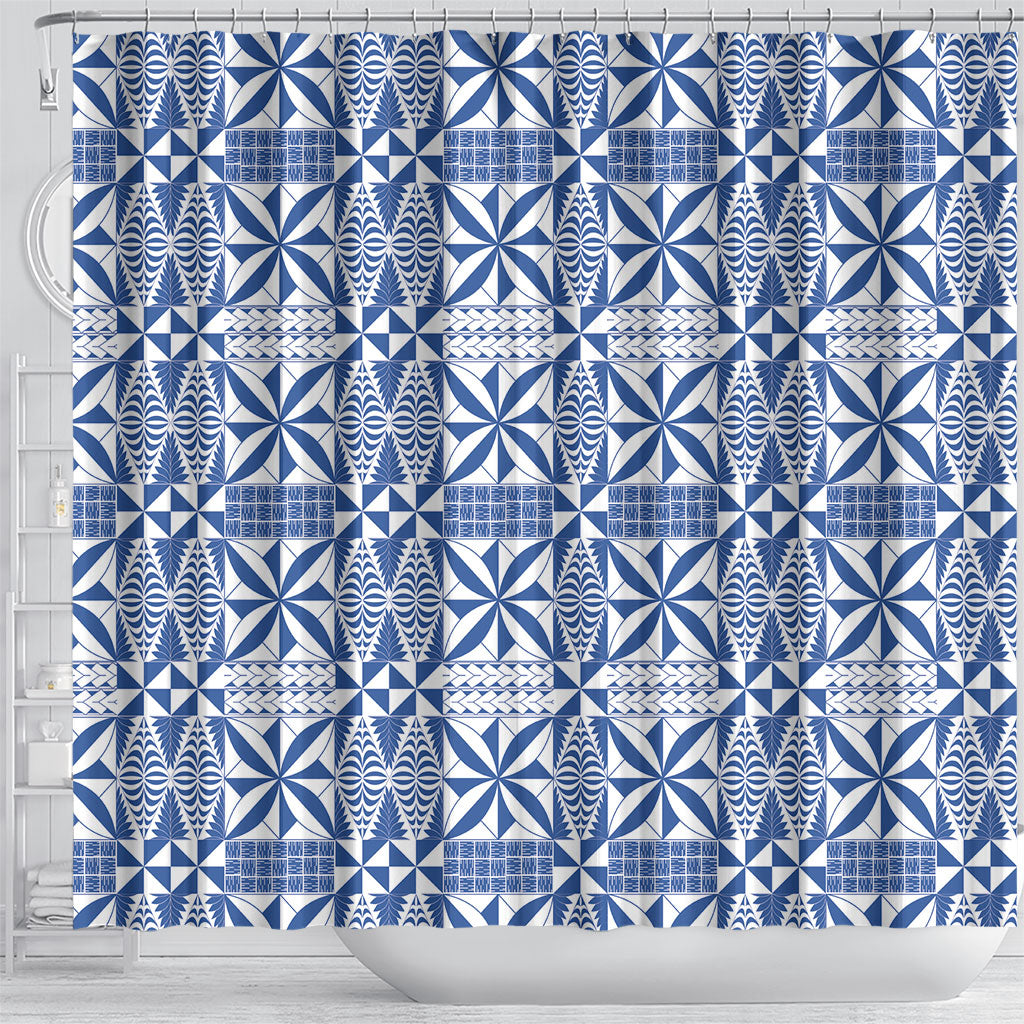 Blue Ngatu Pattern Malo e Lelei Tonga Shower Curtain LT14 - Polynesian Pride