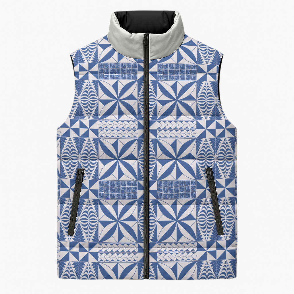 Blue Ngatu Pattern Malo e Lelei Tonga Sleeveless Puffer Jacket LT14 Unisex Blue - Polynesian Pride