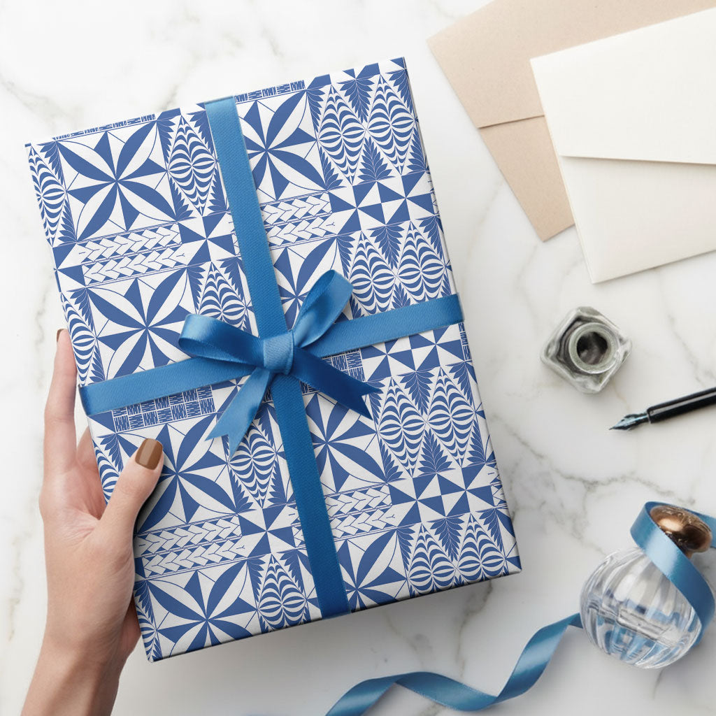 Blue Ngatu Pattern Malo e Lelei Tonga Wrapping Paper LT14 - Polynesian Pride