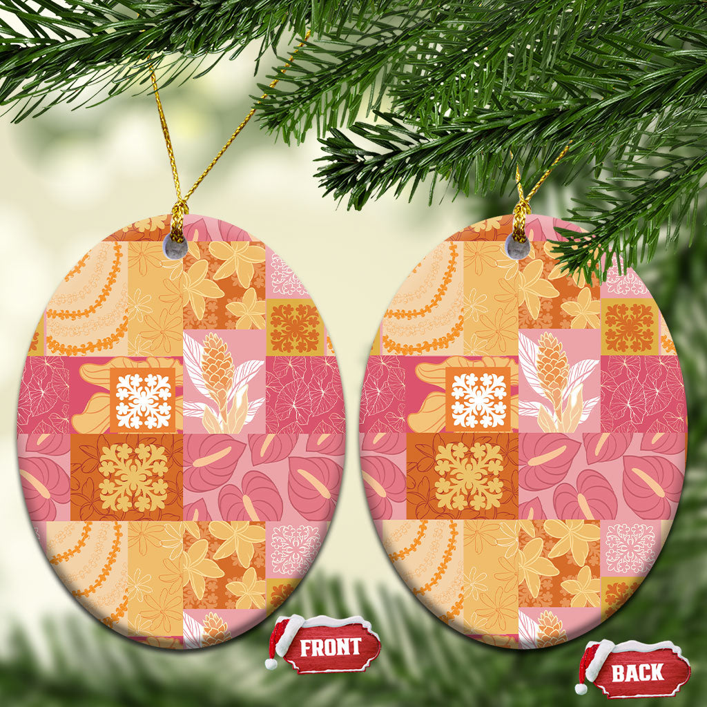 Aloha Hawaii Quilt Floral Patchwork Style Ceramic Ornament LT14 Oval Multicolor - Polynesian Pride