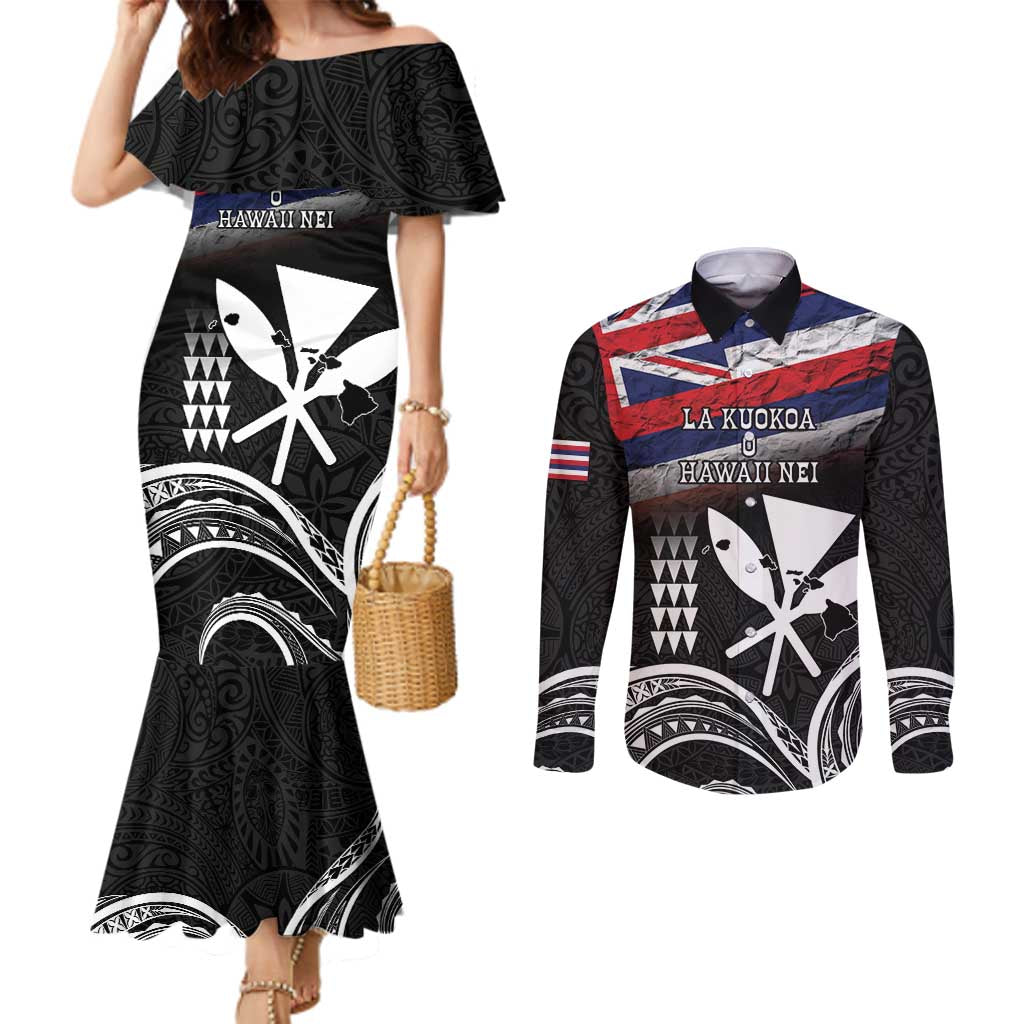 Hawaii Independence Day Couples Matching Mermaid Dress and Long Sleeve Button Shirt La Kuokoa - Happy 28th November LT14 Black - Polynesian Pride