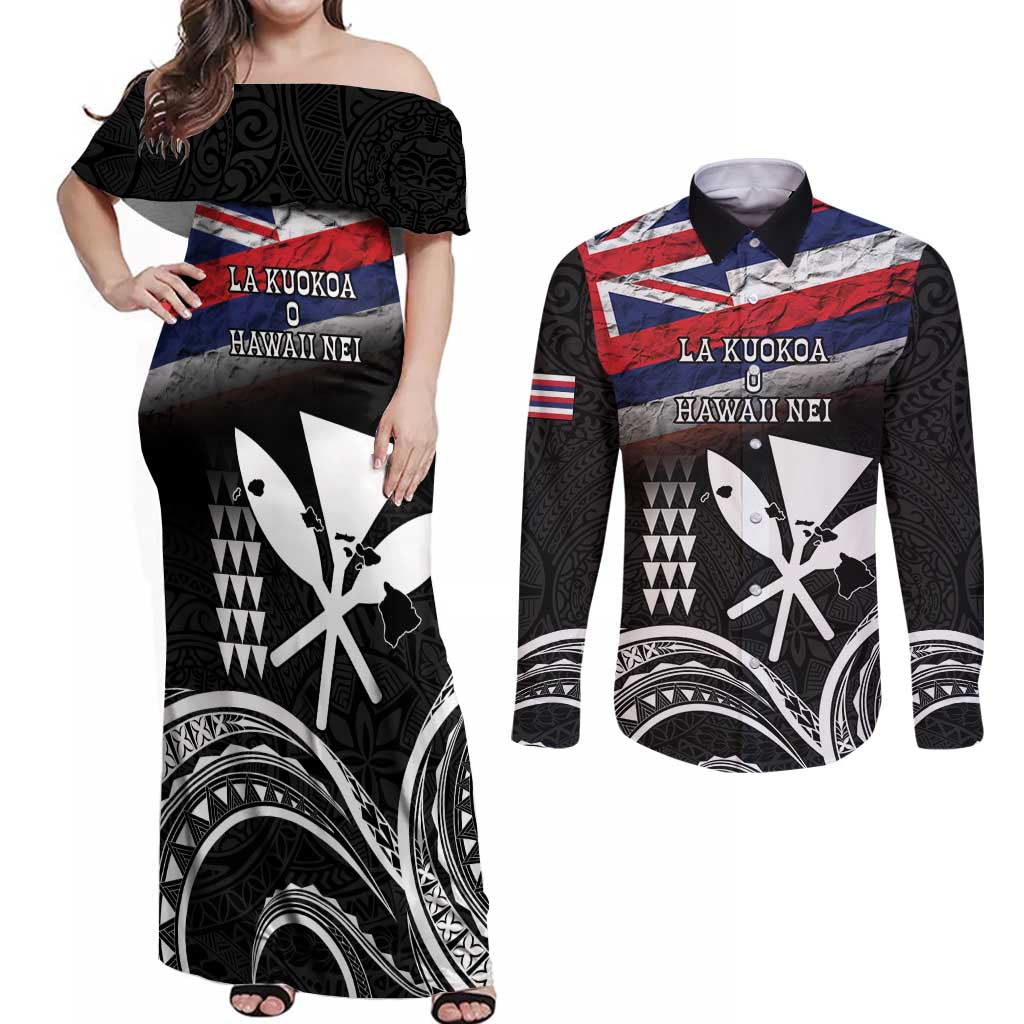 Hawaii Independence Day Couples Matching Off Shoulder Maxi Dress and Long Sleeve Button Shirt La Kuokoa - Happy 28th November LT14 Black - Polynesian Pride