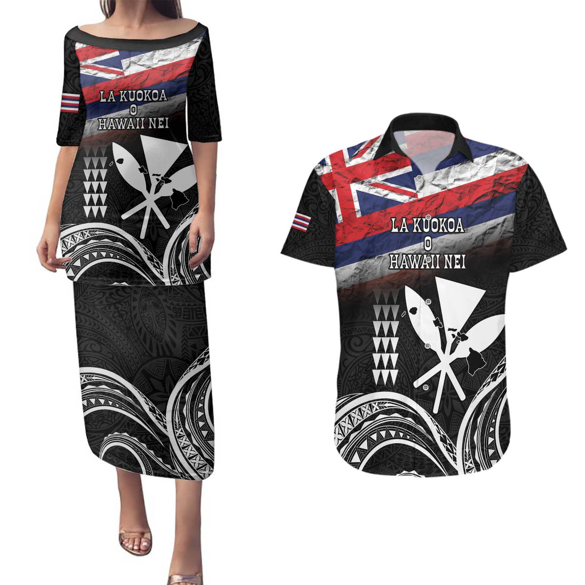 Hawaii Independence Day Couples Matching Puletasi and Hawaiian Shirt La Kuokoa - Happy 28th November LT14 Black - Polynesian Pride