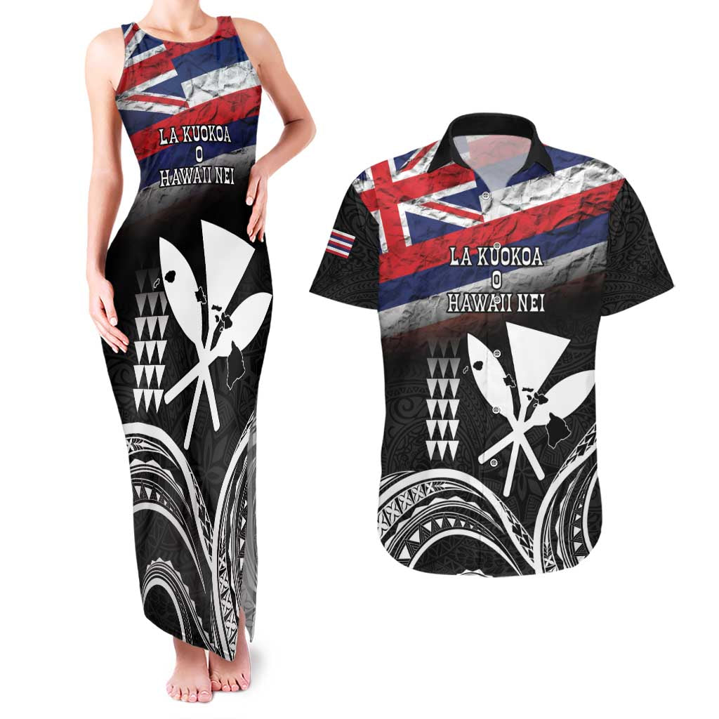 Hawaii Independence Day Couples Matching Tank Maxi Dress and Hawaiian Shirt La Kuokoa - Happy 28th November LT14 Black - Polynesian Pride