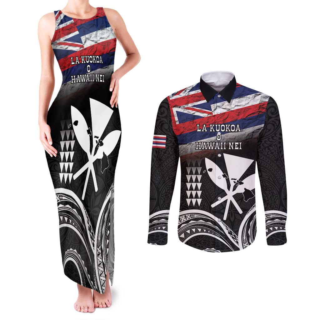 Hawaii Independence Day Couples Matching Tank Maxi Dress and Long Sleeve Button Shirt La Kuokoa - Happy 28th November LT14 Black - Polynesian Pride