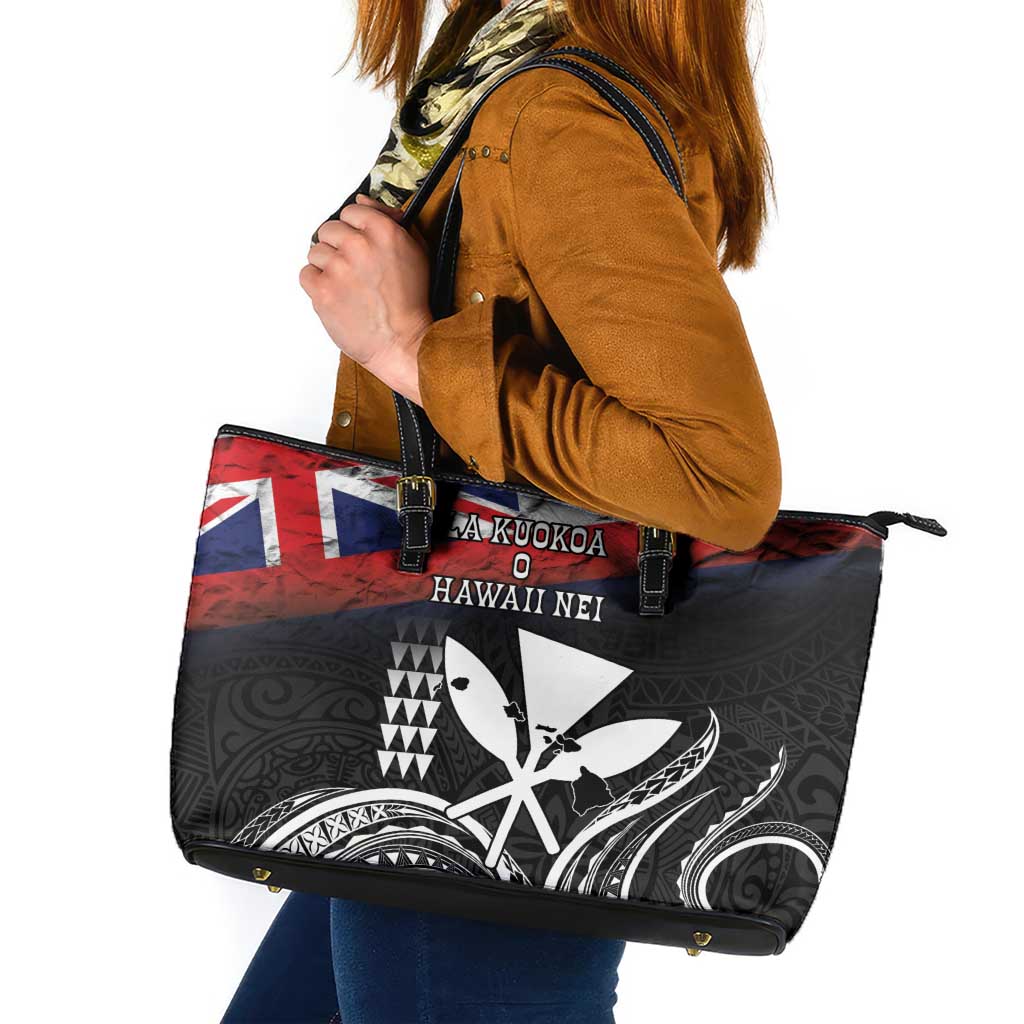 Hawaii Independence Day Leather Tote Bag La Kuokoa - Happy 28th November LT14 Black - Polynesian Pride