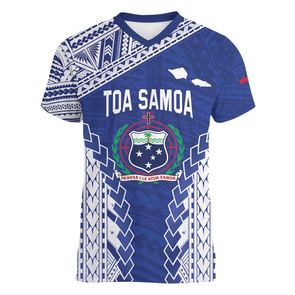 Toa Samoa Rugby Custom Women V-Neck T-Shirt Go Champions Pacific Samoan Pattern - Polynesian Pride