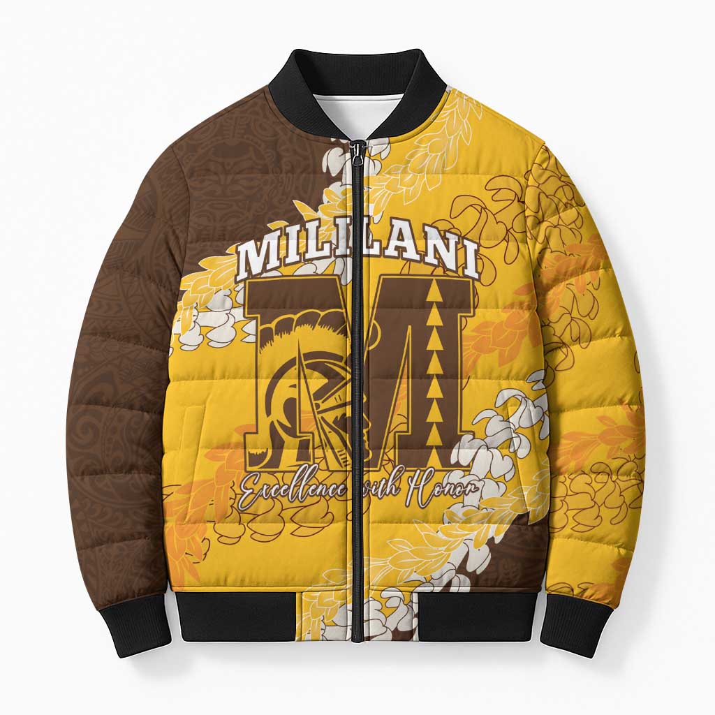 Personalized Mililani Hawaii High School Bomber Puffer Jacket Puakenikeni Lei Hawaiian Pattern LT14 Unisex Yellow - Polynesian Pride