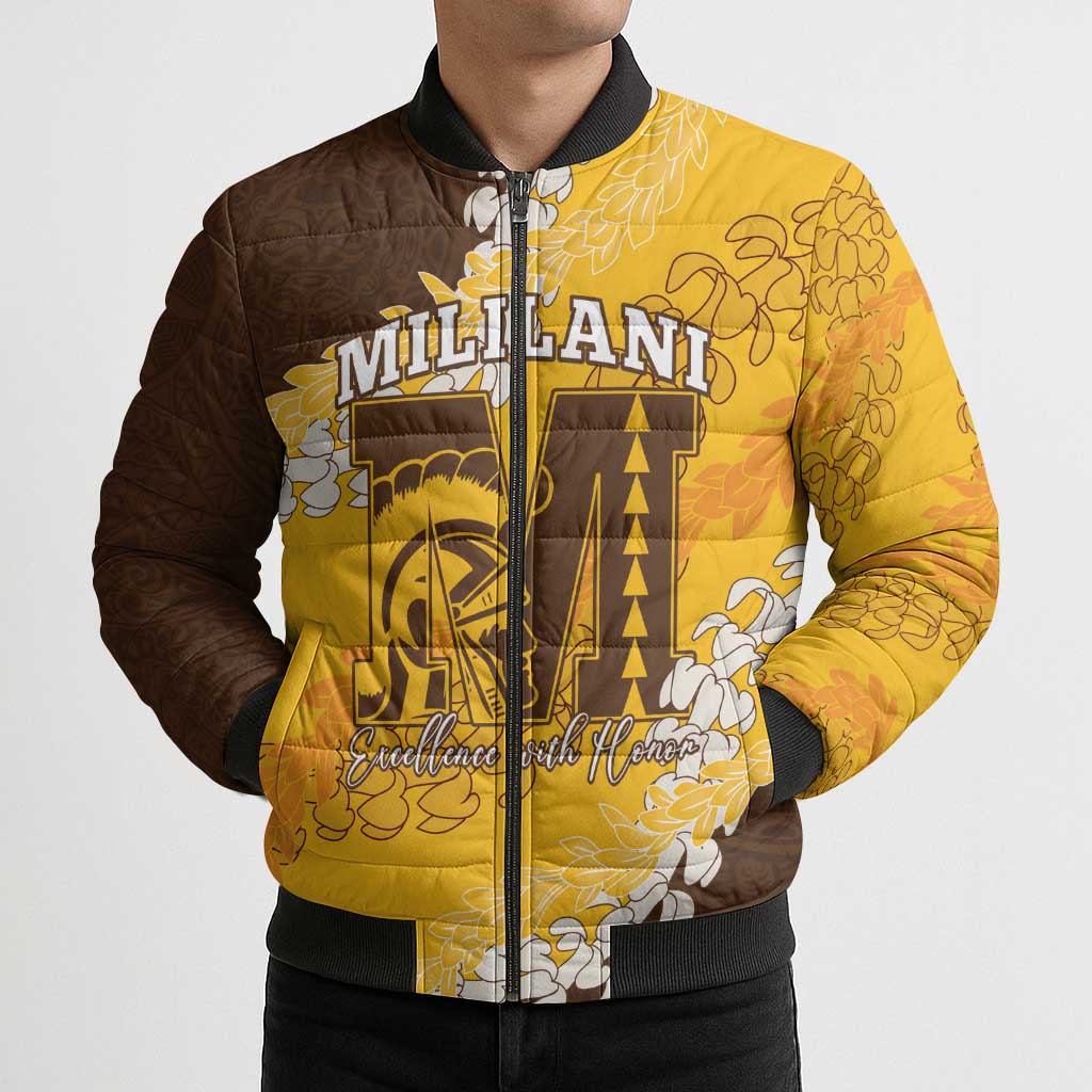 Personalized Mililani Hawaii High School Bomber Puffer Jacket Puakenikeni Lei Hawaiian Pattern LT14 - Polynesian Pride