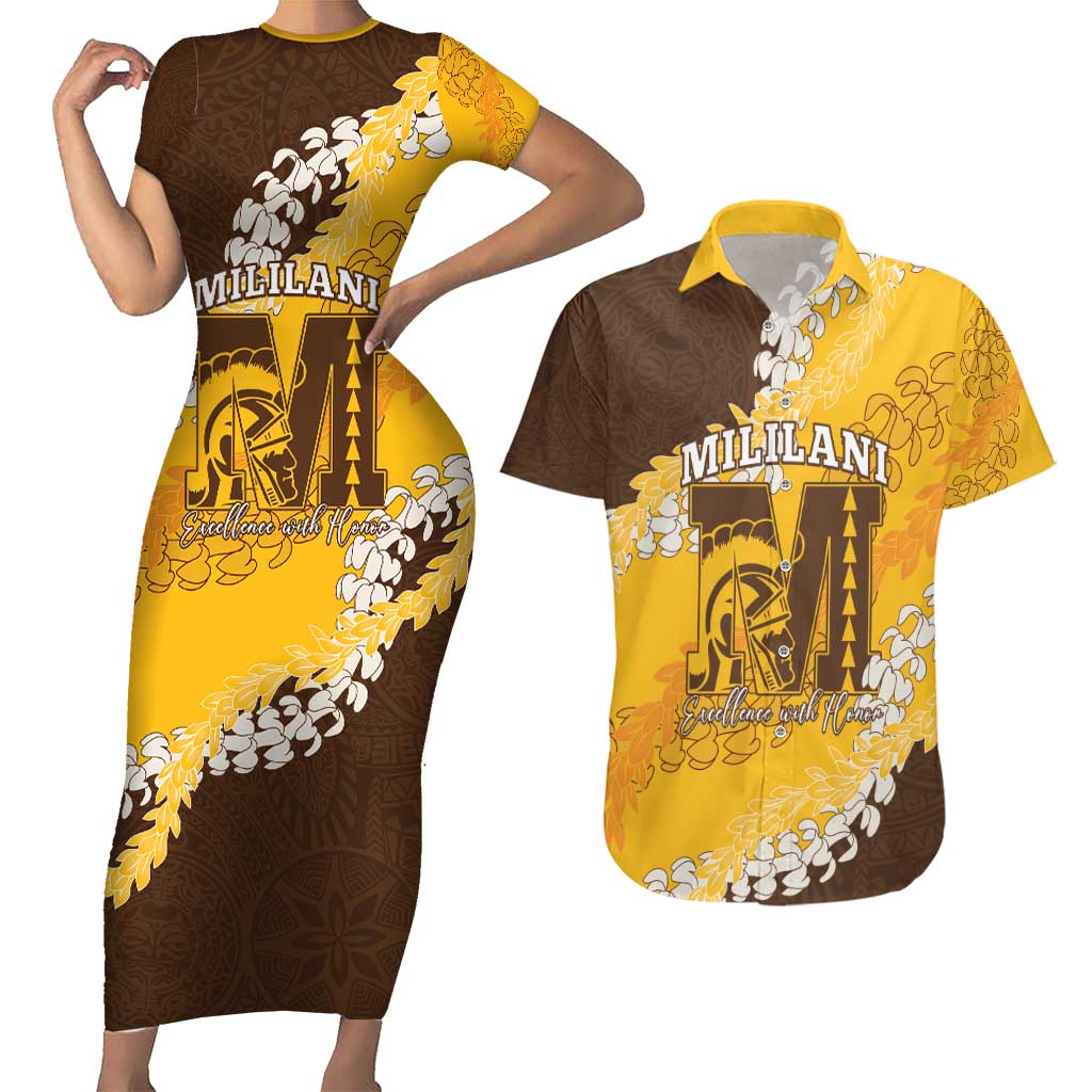 Personalized Mililani Hawaii High School Couples Matching Short Sleeve Bodycon Dress and Hawaiian Shirt Puakenikeni Lei Hawaiian Pattern - Polynesian Pride