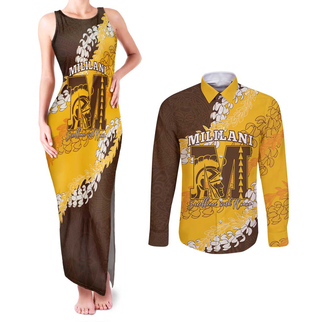 Personalized Mililani Hawaii High School Couples Matching Tank Maxi Dress and Long Sleeve Button Shirt Puakenikeni Lei Hawaiian Pattern - Polynesian Pride