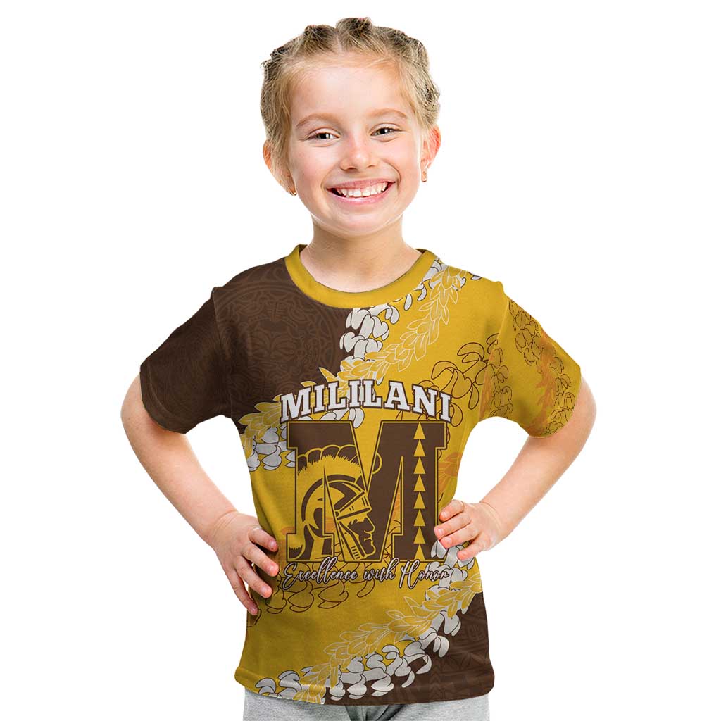 Personalized Mililani Hawaii High School Kid T Shirt Puakenikeni Lei Hawaiian Pattern - Polynesian Pride