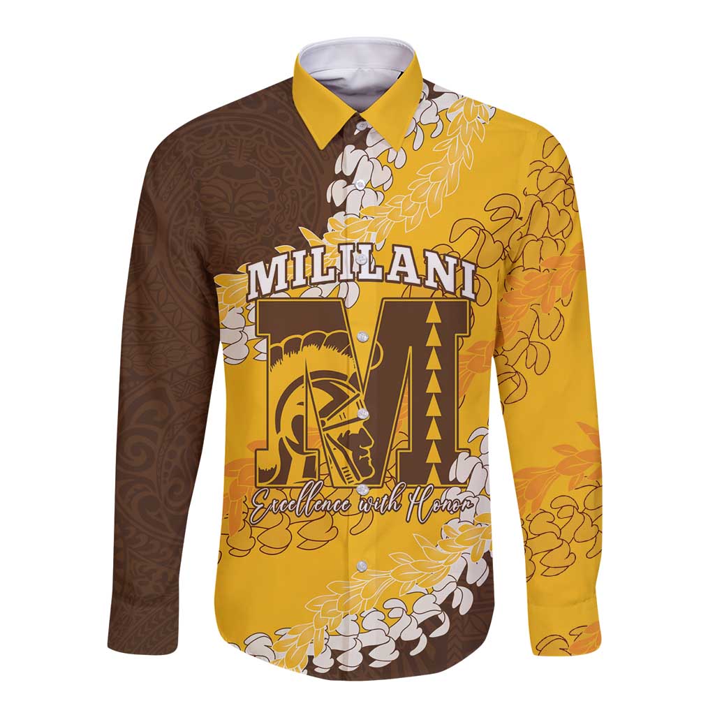 Personalized Mililani Hawaii High School Long Sleeve Button Shirt Puakenikeni Lei Hawaiian Pattern - Polynesian Pride
