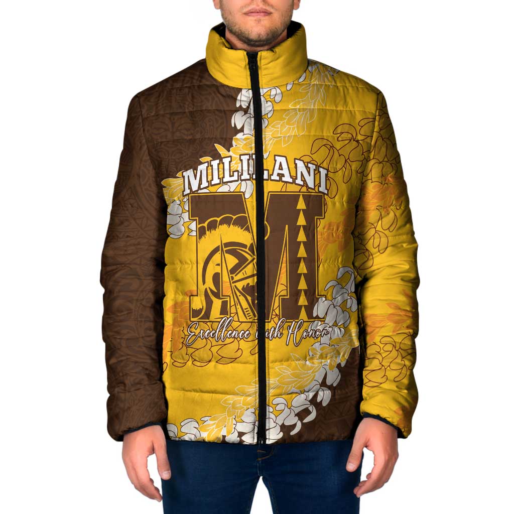Personalized Mililani Hawaii High School Padded Jacket Puakenikeni Lei Hawaiian Pattern LT14 Men Yellow - Polynesian Pride