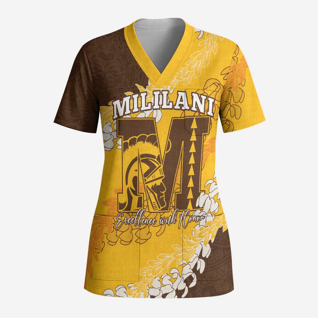 Personalized Mililani Hawaii High School Scrub Top Puakenikeni Lei Hawaiian Pattern LT14 Adult Yellow - Polynesian Pride