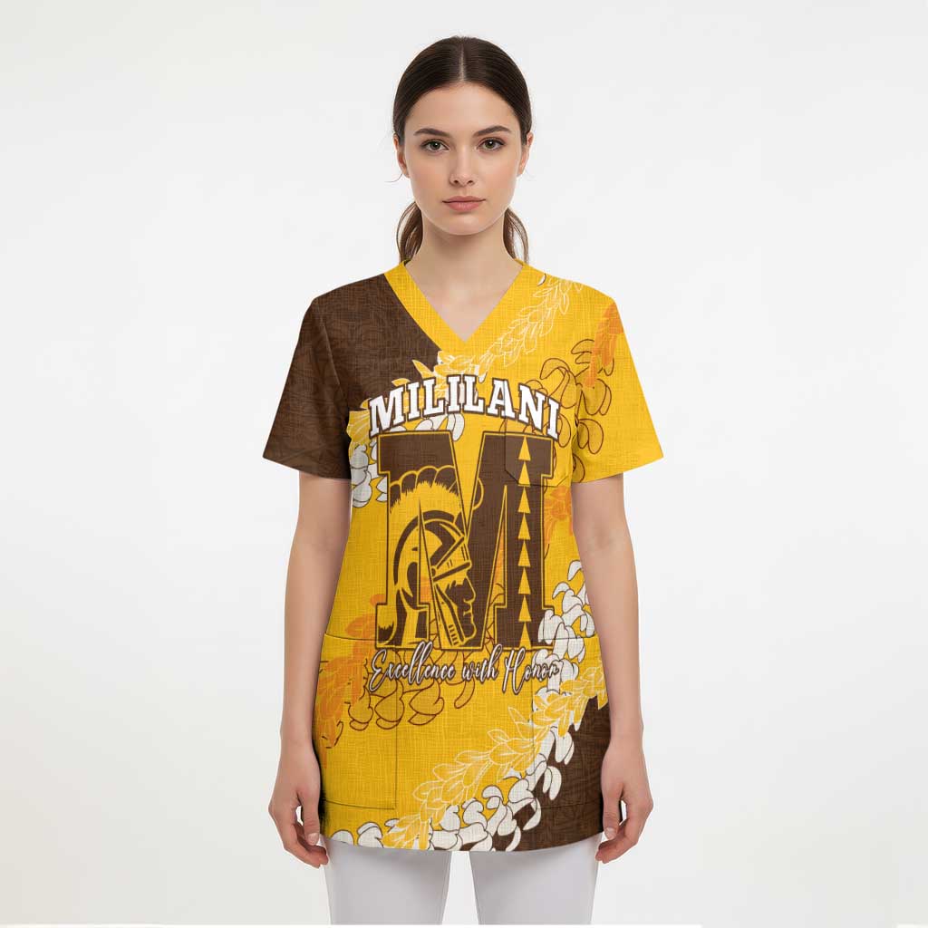 Personalized Mililani Hawaii High School Scrub Top Puakenikeni Lei Hawaiian Pattern LT14 - Polynesian Pride