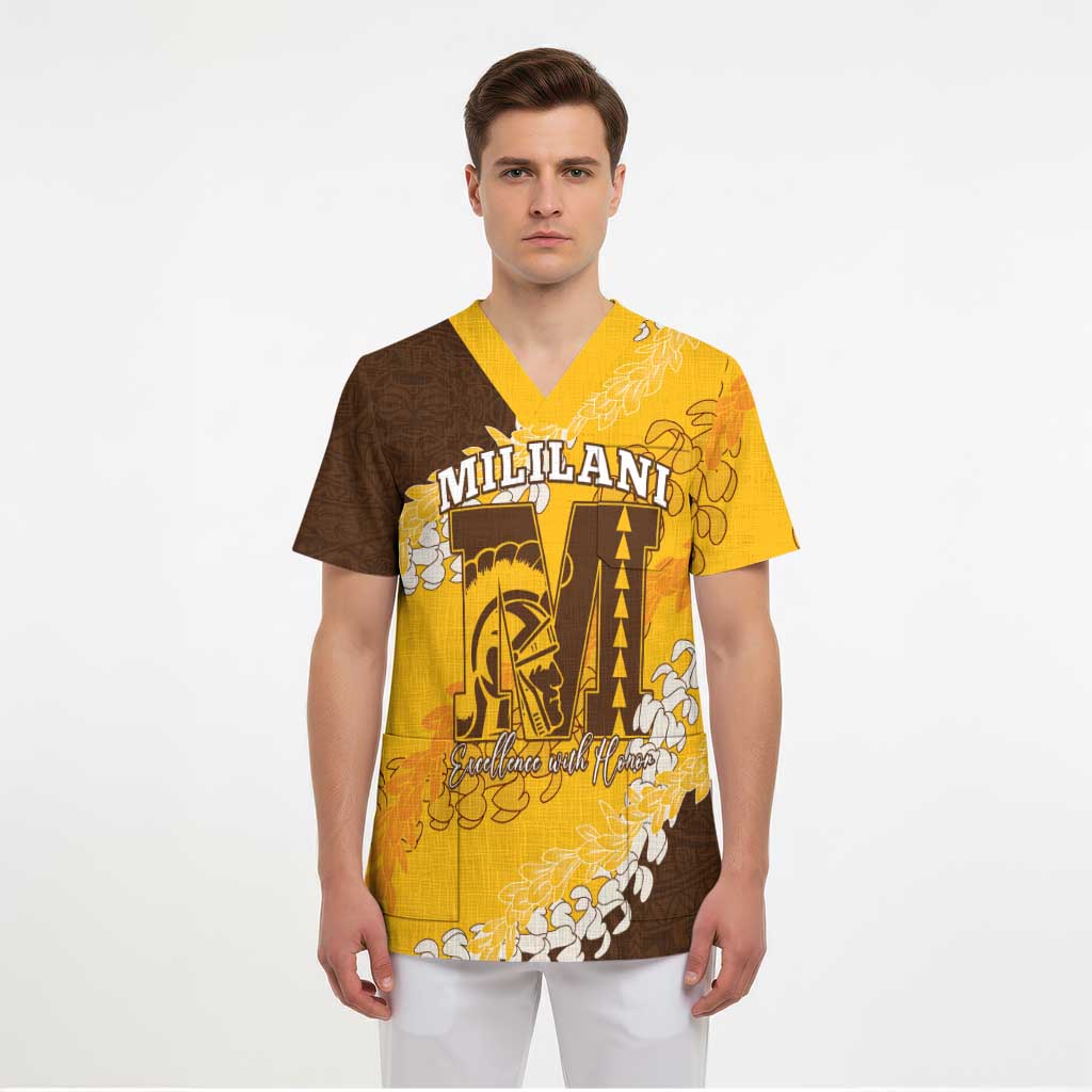 Personalized Mililani Hawaii High School Scrub Top Puakenikeni Lei Hawaiian Pattern LT14 - Polynesian Pride