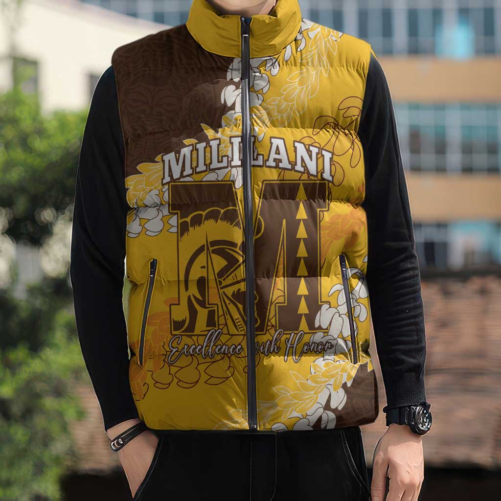 Personalized Mililani Hawaii High School Sleeveless Puffer Jacket Puakenikeni Lei Hawaiian Pattern LT14 - Polynesian Pride