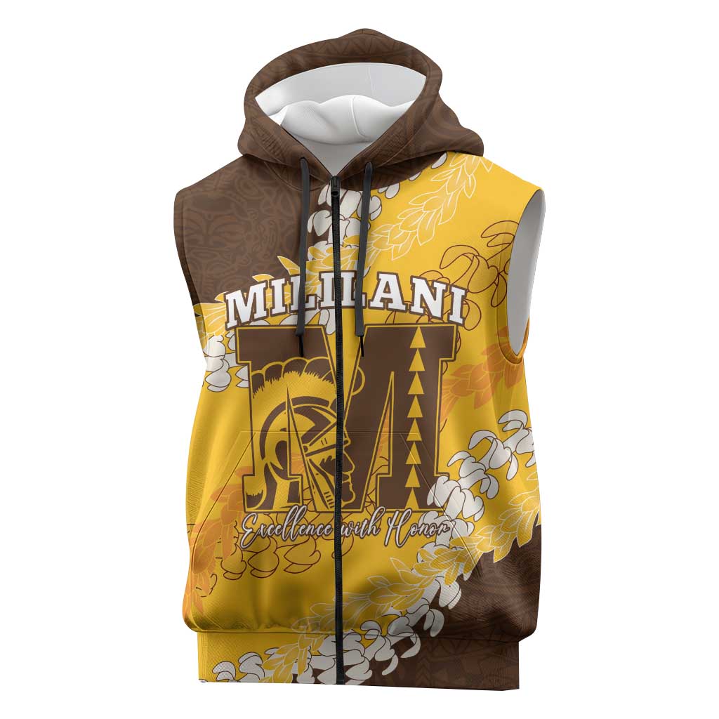 Personalized Mililani Hawaii High School Sleeveless Zip Hoodie Puakenikeni Lei Hawaiian Pattern LT14 Yellow - Polynesian Pride