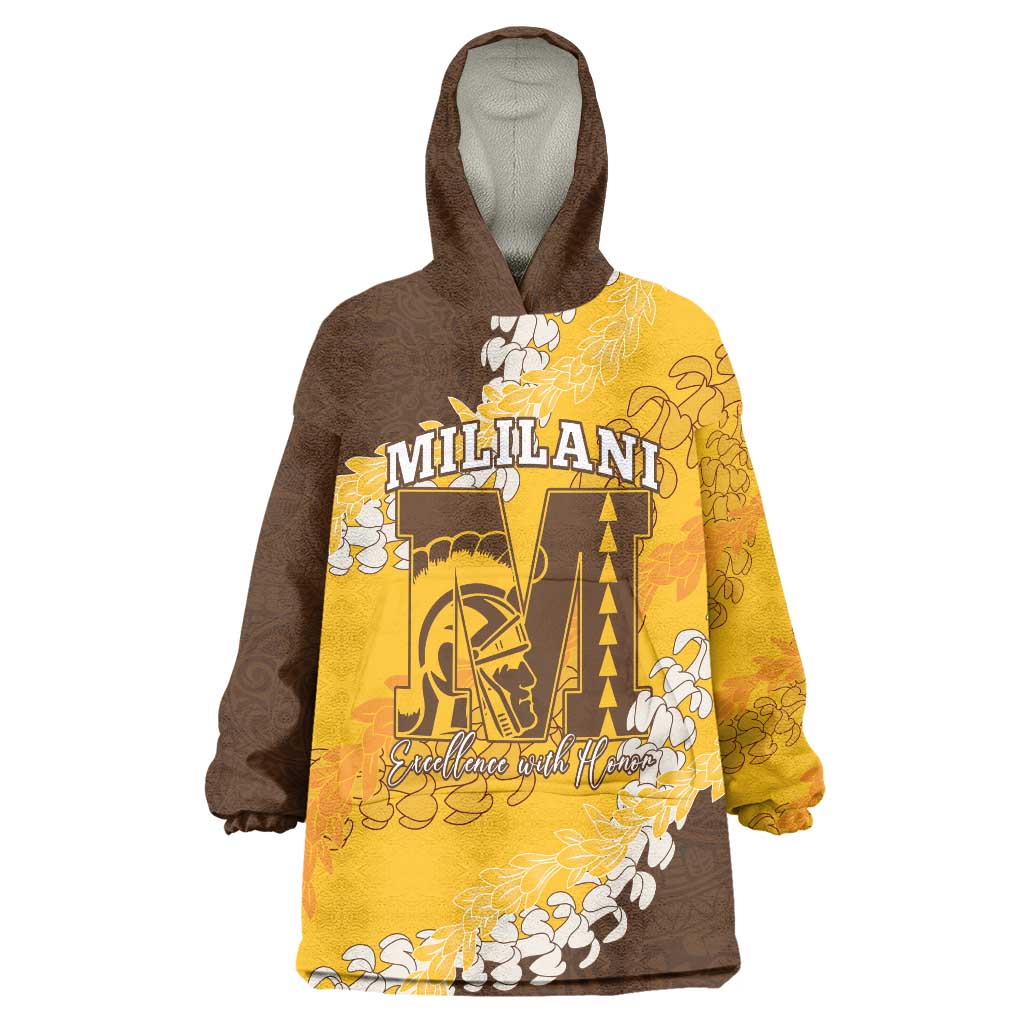 Personalized Mililani Hawaii High School Wearable Blanket Hoodie Puakenikeni Lei Hawaiian Pattern LT14 One Size Yellow - Polynesian Pride