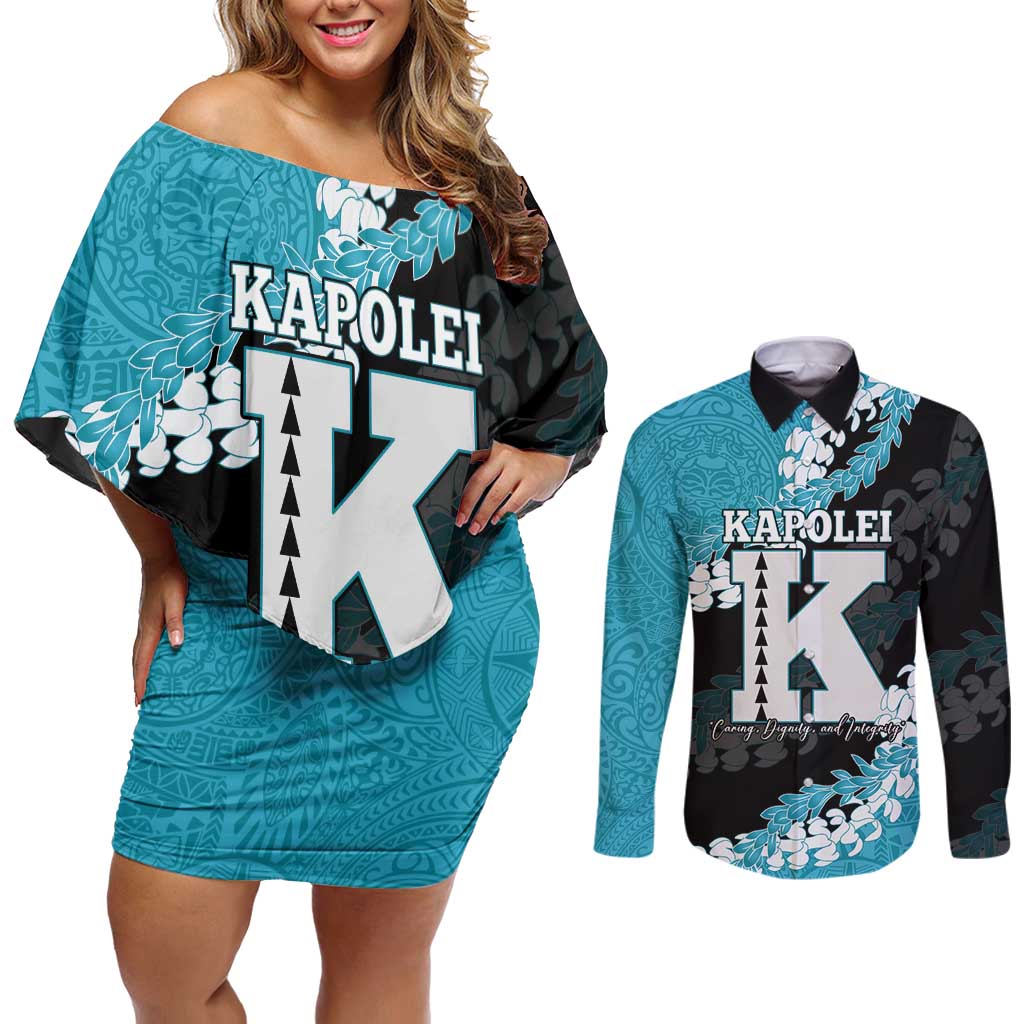 Personalized Kapolei Hawaii High School Couples Matching Off Shoulder Short Dress and Long Sleeve Button Shirt Puakenikeni Lei Hawaiian Pattern - Polynesian Pride
