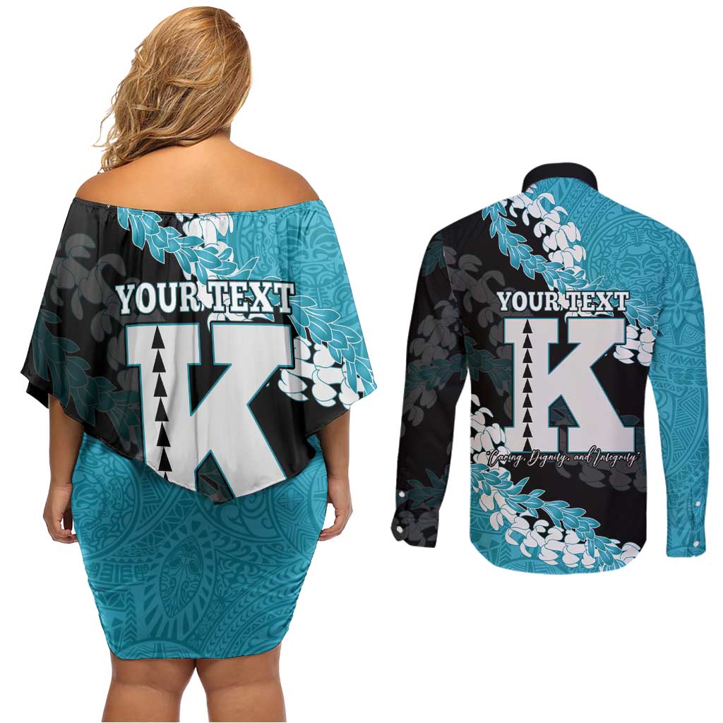 Personalized Kapolei Hawaii High School Couples Matching Off Shoulder Short Dress and Long Sleeve Button Shirt Puakenikeni Lei Hawaiian Pattern - Polynesian Pride