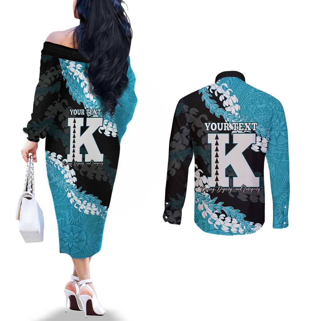 Personalized Kapolei Hawaii High School Couples Matching Off The Shoulder Long Sleeve Dress and Long Sleeve Button Shirt Puakenikeni Lei Hawaiian Pattern - Polynesian Pride
