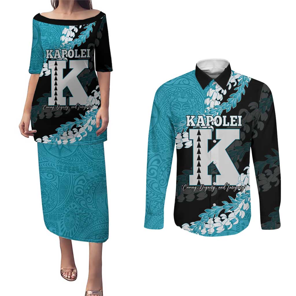 Personalized Kapolei Hawaii High School Couples Matching Puletasi and Long Sleeve Button Shirt Puakenikeni Lei Hawaiian Pattern LT14 Teal - Polynesian Pride