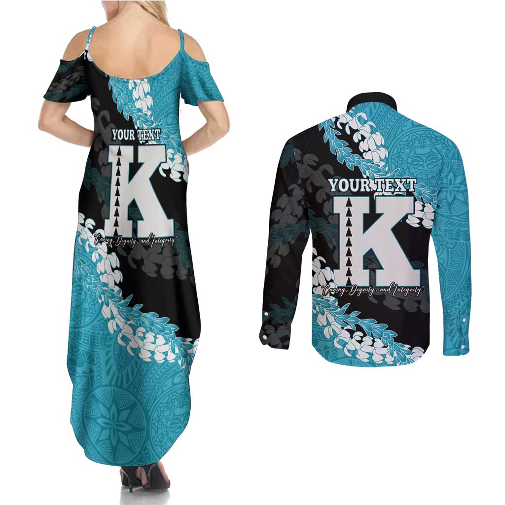 Personalized Kapolei Hawaii High School Couples Matching Summer Maxi Dress and Long Sleeve Button Shirt Puakenikeni Lei Hawaiian Pattern - Polynesian Pride