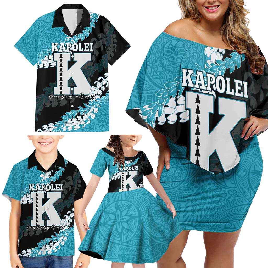 Personalized Kapolei Hawaii High School Family Matching Off Shoulder Short Dress and Hawaiian Shirt Puakenikeni Lei Hawaiian Pattern - Polynesian Pride
