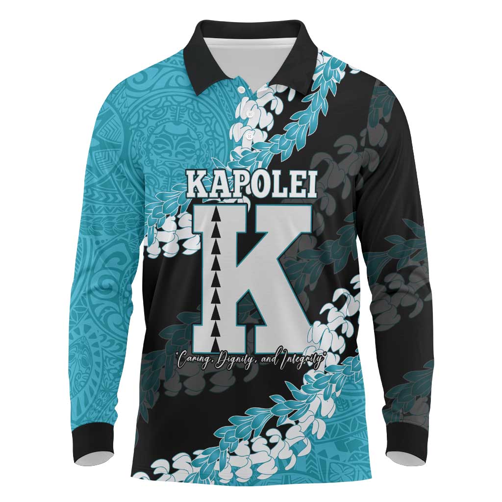 Personalized Kapolei Hawaii High School Long Sleeve Polo Shirt Puakenikeni Lei Hawaiian Pattern LT14 Teal - Polynesian Pride