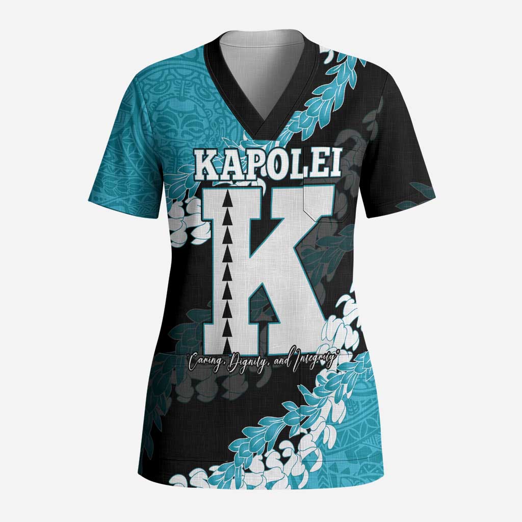 Personalized Kapolei Hawaii High School Scrub Top Puakenikeni Lei Hawaiian Pattern LT14 Adult Teal - Polynesian Pride