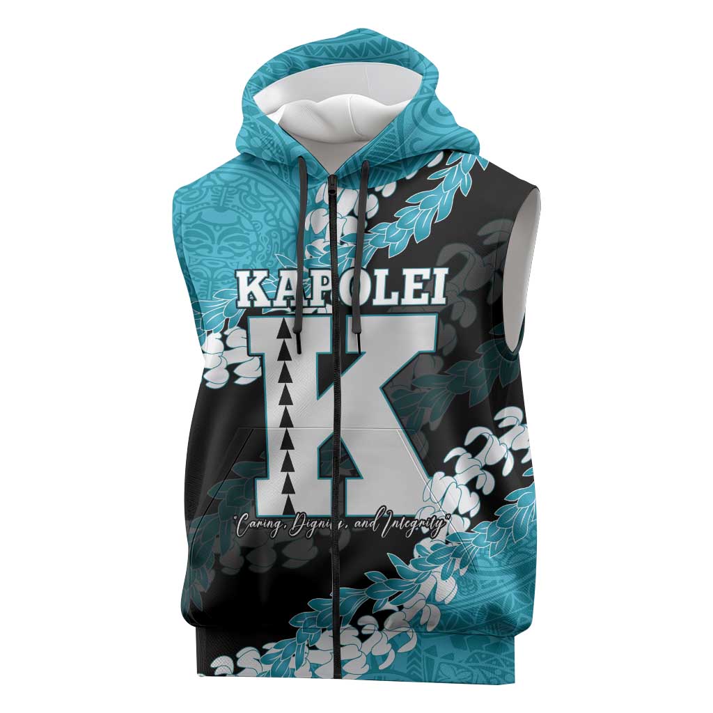 Personalized Kapolei Hawaii High School Sleeveless Zip Hoodie Puakenikeni Lei Hawaiian Pattern LT14 Teal - Polynesian Pride