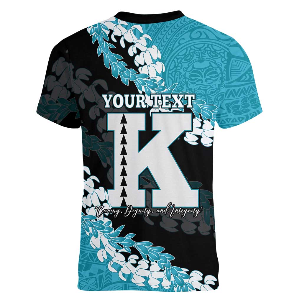 Personalized Kapolei Hawaii High School Women V-Neck T-Shirt Puakenikeni Lei Hawaiian Pattern LT14 - Polynesian Pride