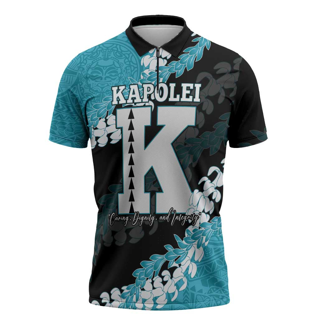 Personalized Kapolei Hawaii High School Zipper Polo Shirt Puakenikeni Lei Hawaiian Pattern LT14 Teal - Polynesian Pride