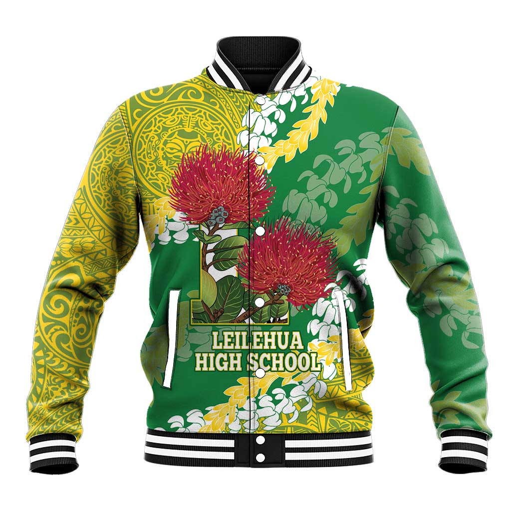 Personalized Leilehua Hawaii High School Baseball Jacket Puakenikeni Lei Hawaiian Pattern LT14 Unisex Green - Polynesian Pride