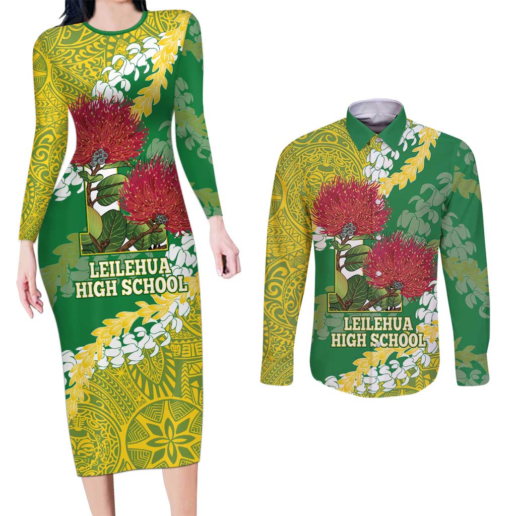 Personalized Leilehua Hawaii High School Couples Matching Long Sleeve Bodycon Dress and Long Sleeve Button Shirt Puakenikeni Lei Hawaiian Pattern - Polynesian Pride