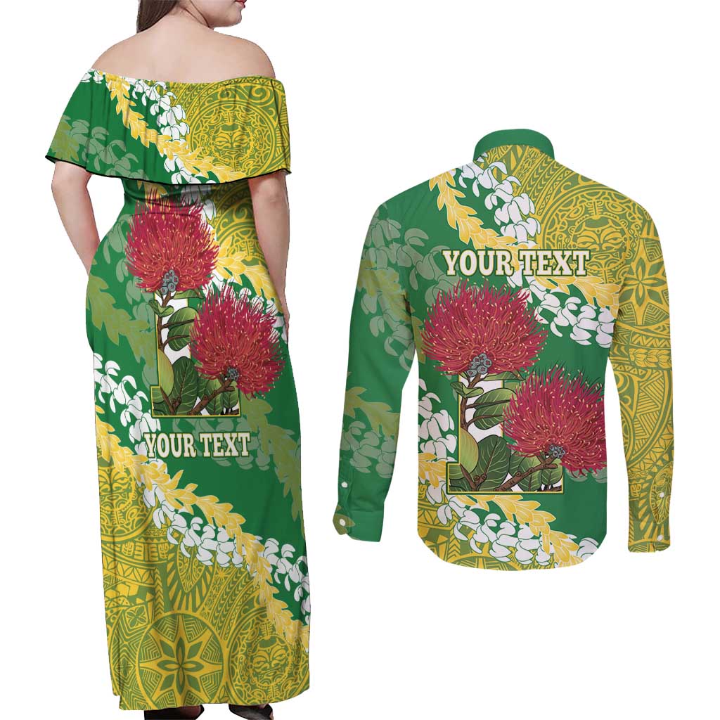 Personalized Leilehua Hawaii High School Couples Matching Off Shoulder Maxi Dress and Long Sleeve Button Shirt Puakenikeni Lei Hawaiian Pattern - Polynesian Pride