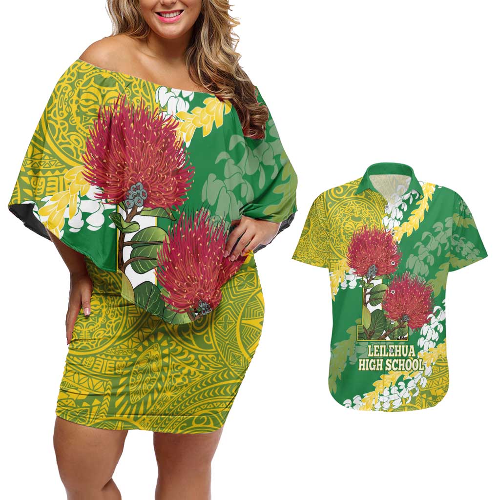 Personalized Leilehua Hawaii High School Couples Matching Off Shoulder Short Dress and Hawaiian Shirt Puakenikeni Lei Hawaiian Pattern - Polynesian Pride